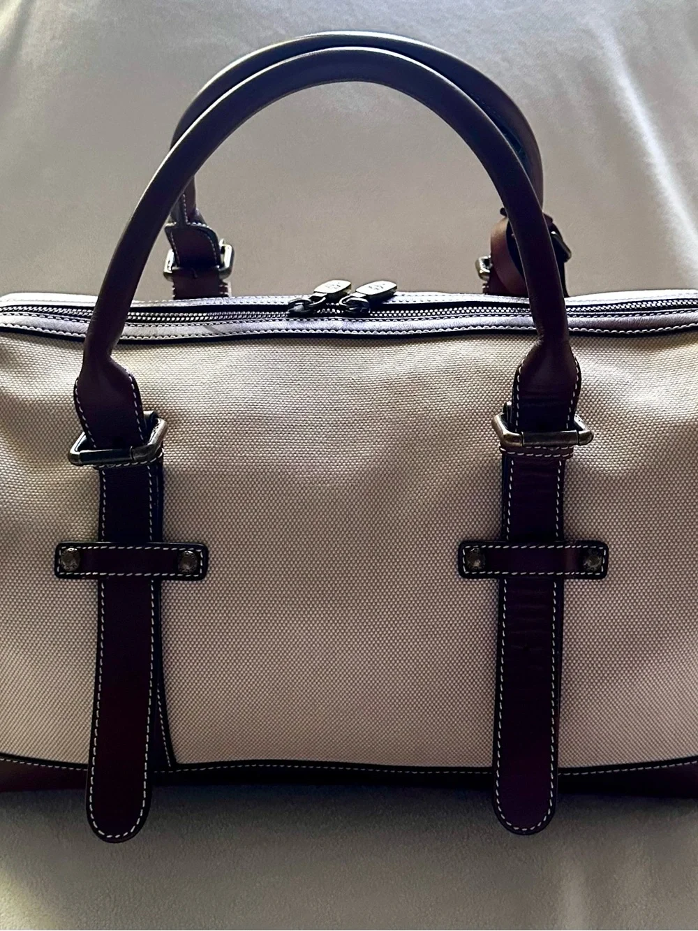MCM Limited Beige Canvas Brown Leather Trim Boston Weekender Duffle Bag Unisex
